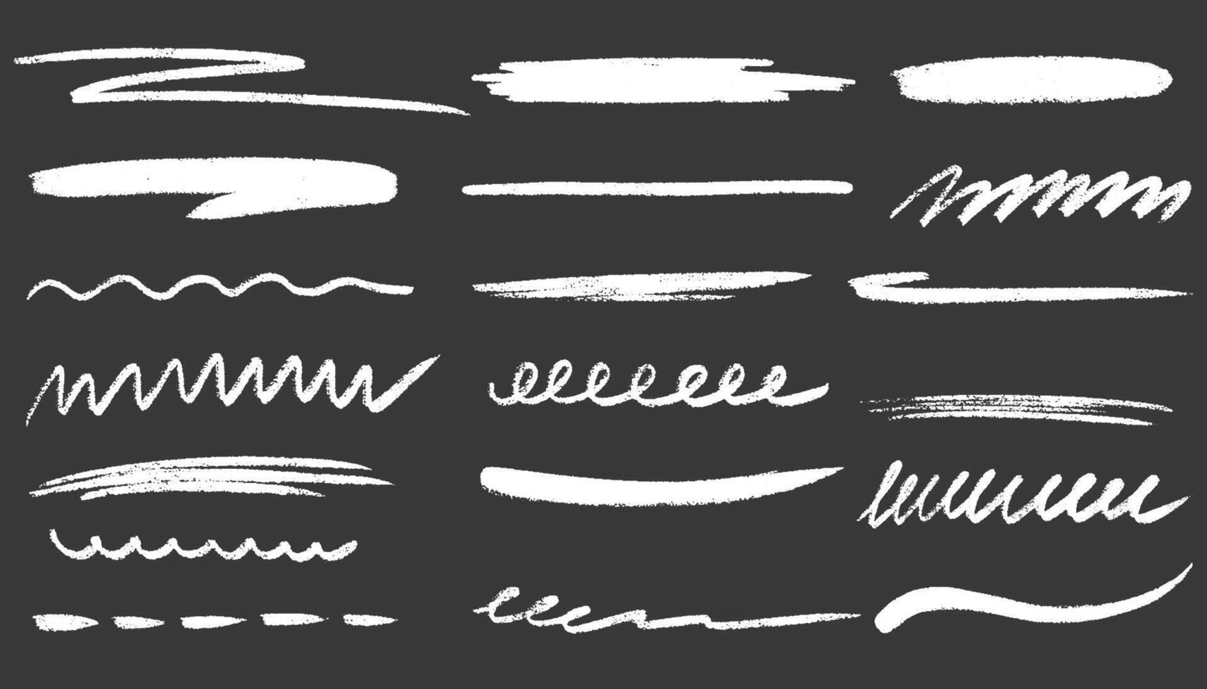 Grunge strikethrough and underline elements. Chalk lines, charcoal highlight strokes doodle set. Doodle graphic elements. Pencil underlines, kids crayon strips, brush line vector