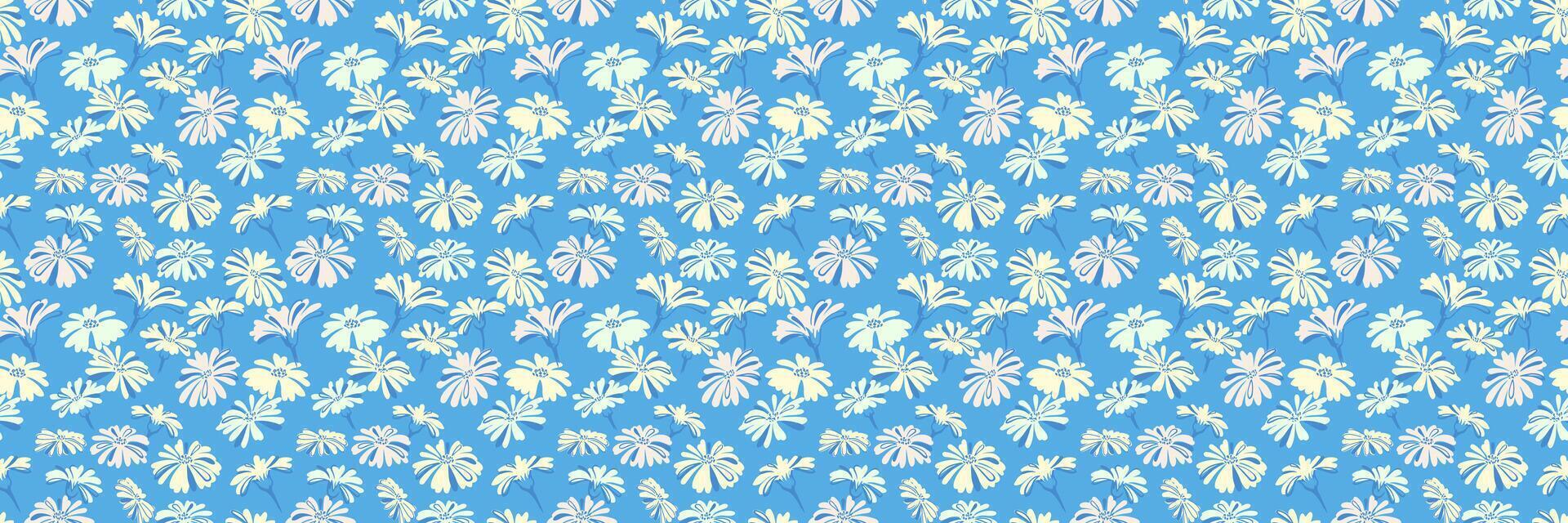 Abstract stylized shapes flowers pattern on a blue background. Creative unique meadow seamless print. hand drawn. Summer simple ornament texture vector