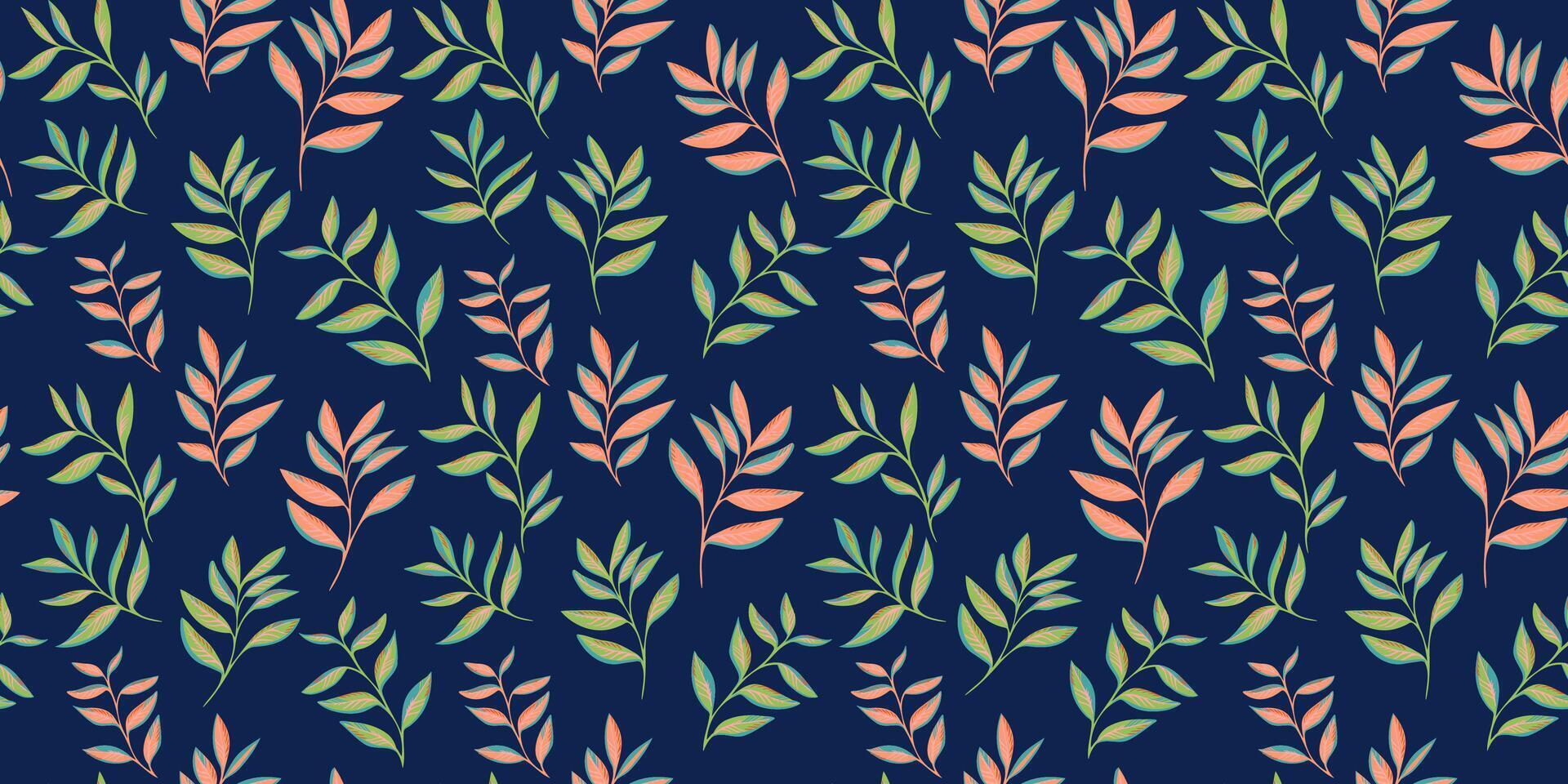 Colored pattern with abstract artistic tiny branches leaves. Stylized small leaf stems print on a dark blue background. drawing illustration. Nature ornament for textile, fabric, wallpaper vector