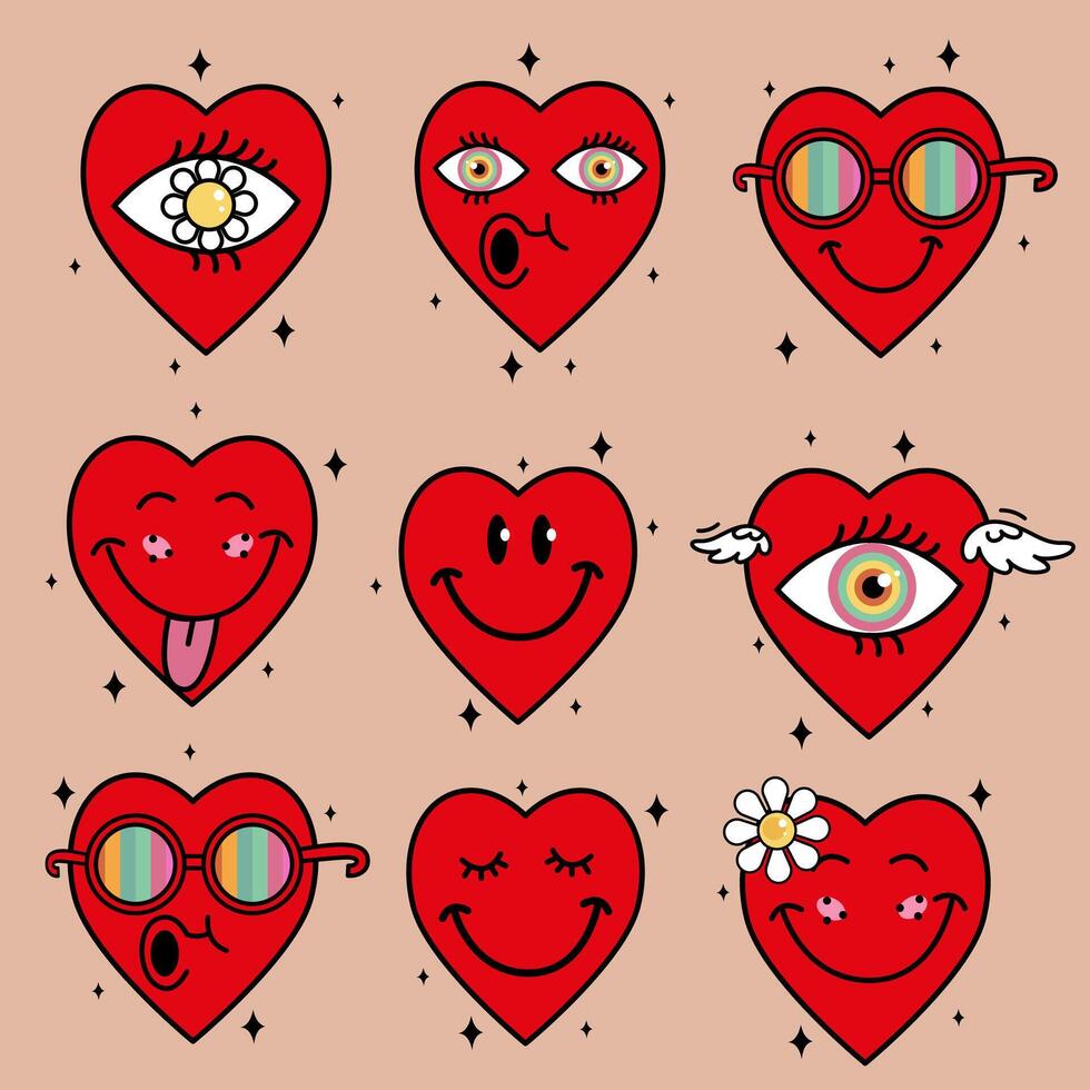 Cartoon heart set in Groovy style. Retro cartoon characters, illustration. Vintage poster design. Valentine's Day groovy. vector