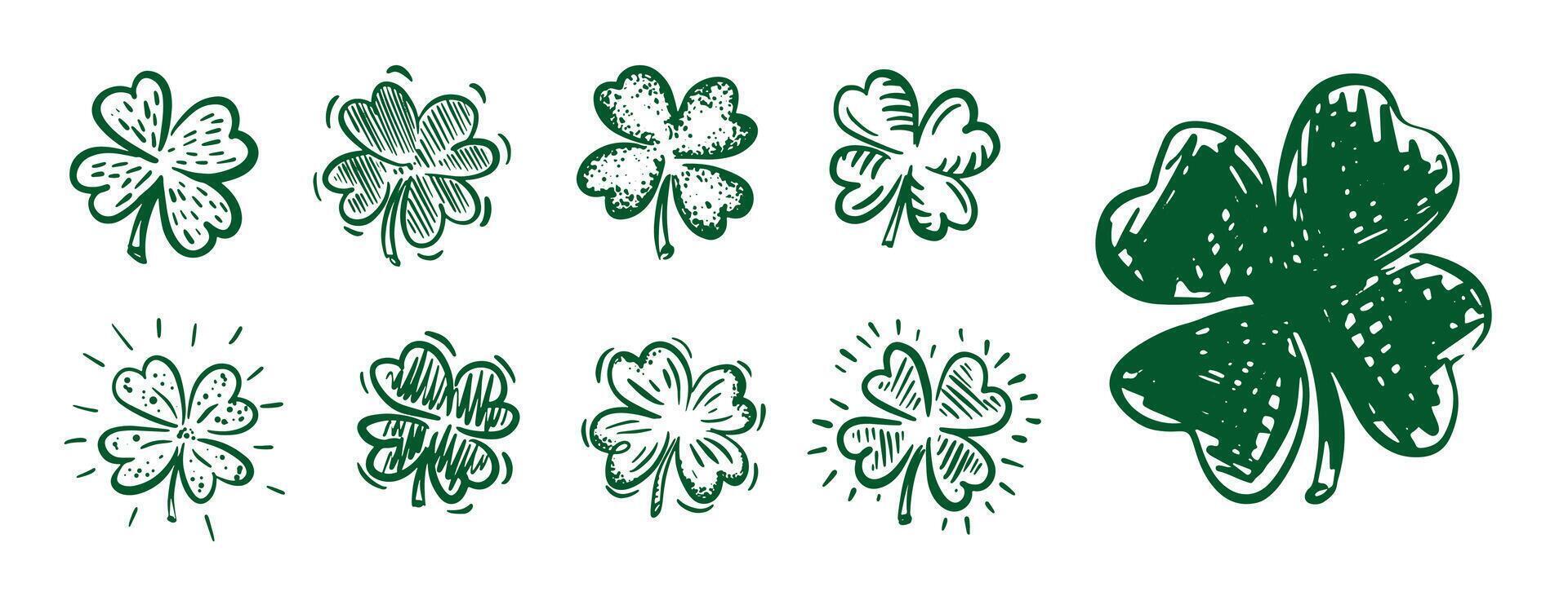Green Clover set on white, Saint Patricks Day, hand drawn illustrations. vector