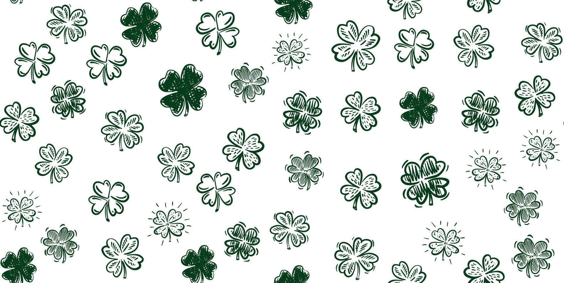 Clover pattern on white, Saint Patricks Day, hand drawn illustrations. vector