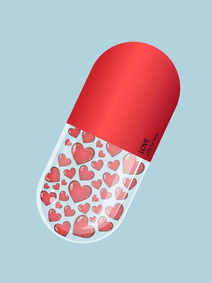 Love pill with heart. Romantic conceptual illustration. Valentine's Day card with pill and red hearts, banner or invitation. vector