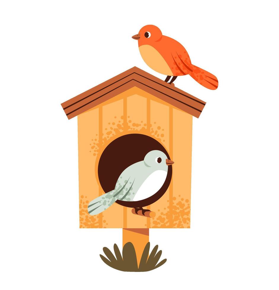 Cozy birdhouse with a small birds. Springtime, nature, and outdoor. Flat illustration. vector