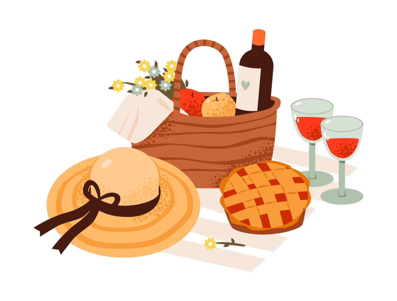 Picnic wicker basket with food, a fresh pie, a bottle of wine, and blooming flowers. Cozy springtime atmosphere. Flat illustration. vector
