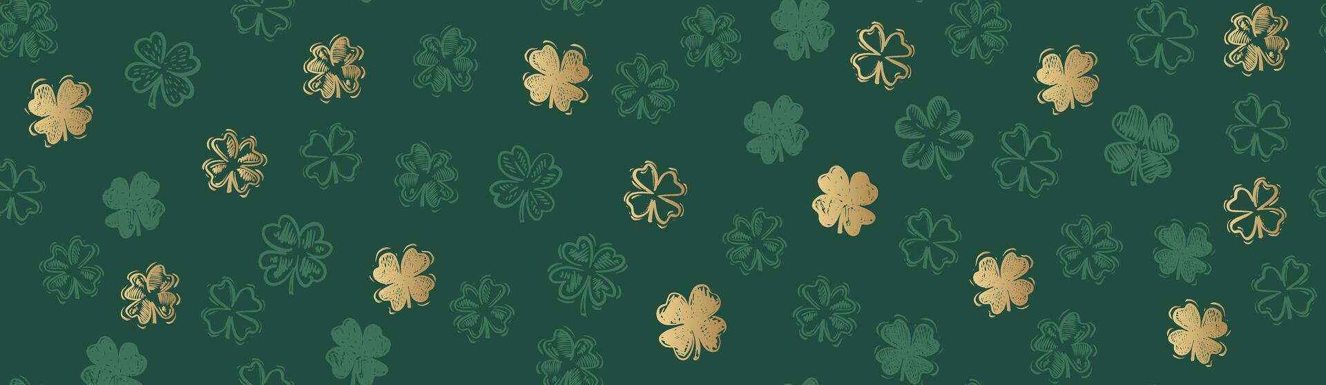 Gold Clover pattern on green, Saint Patricks Day, hand drawn illustrations. vector