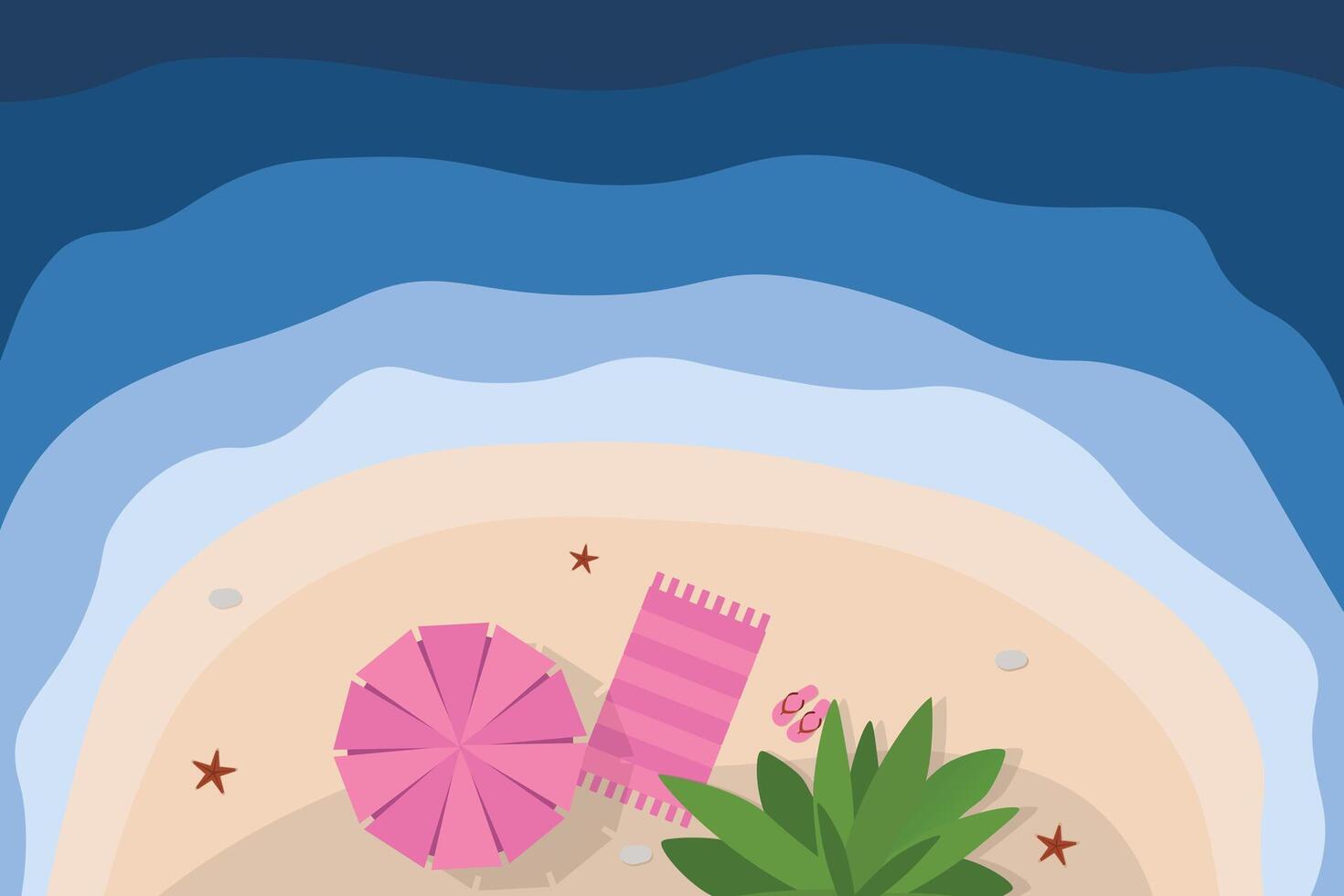 Hello summer banner. Top views island beach background with umbrella. Summer vacation poster vector