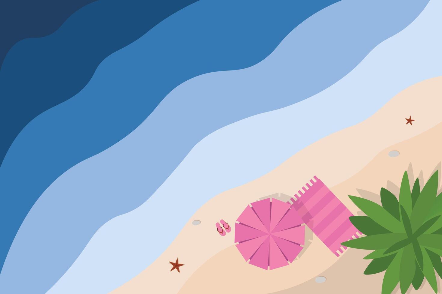 Hello summers banner. Top view island beach background with umbrella. Summer vacation poster vector