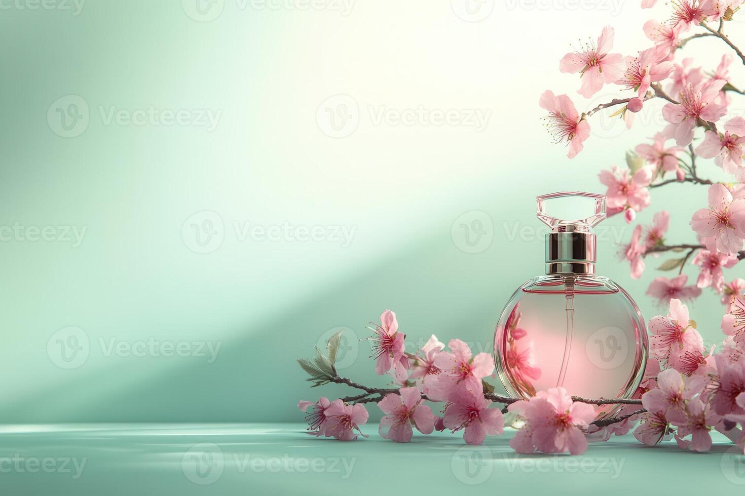 Elegant perfume bottle standing near cherry blossoms on green background photo