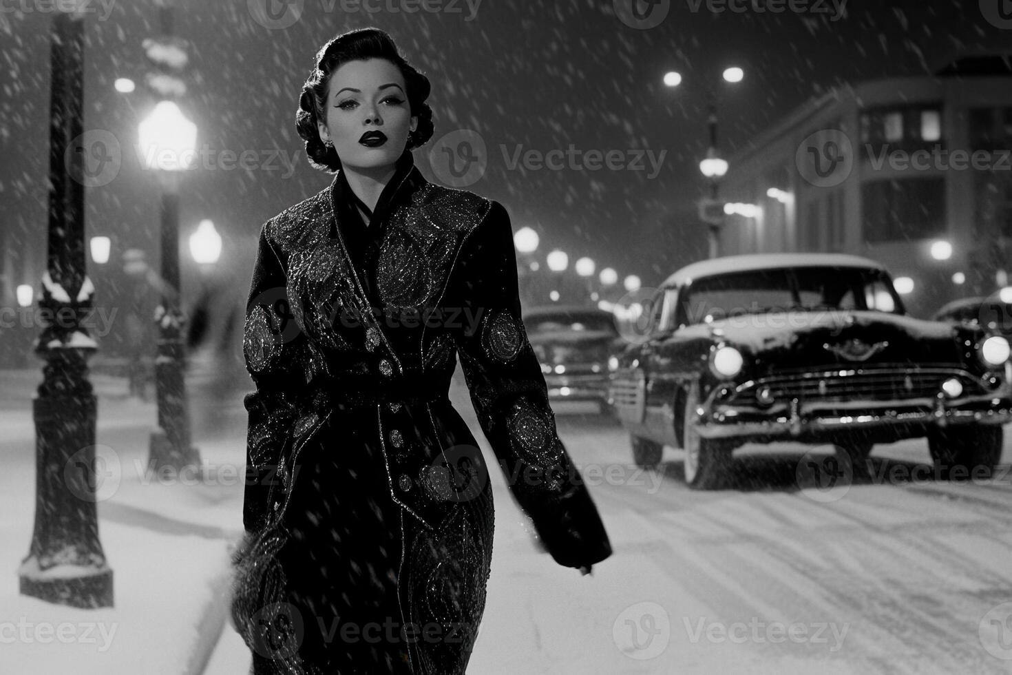 Elegant woman walking on snowy street at night in the fifties photo