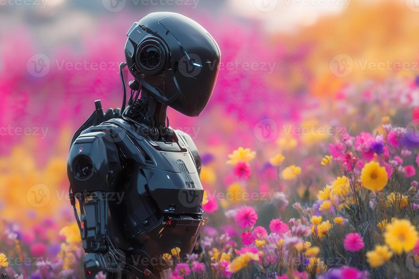 Futuristic robot exploring vibrant flower field at sunset photo