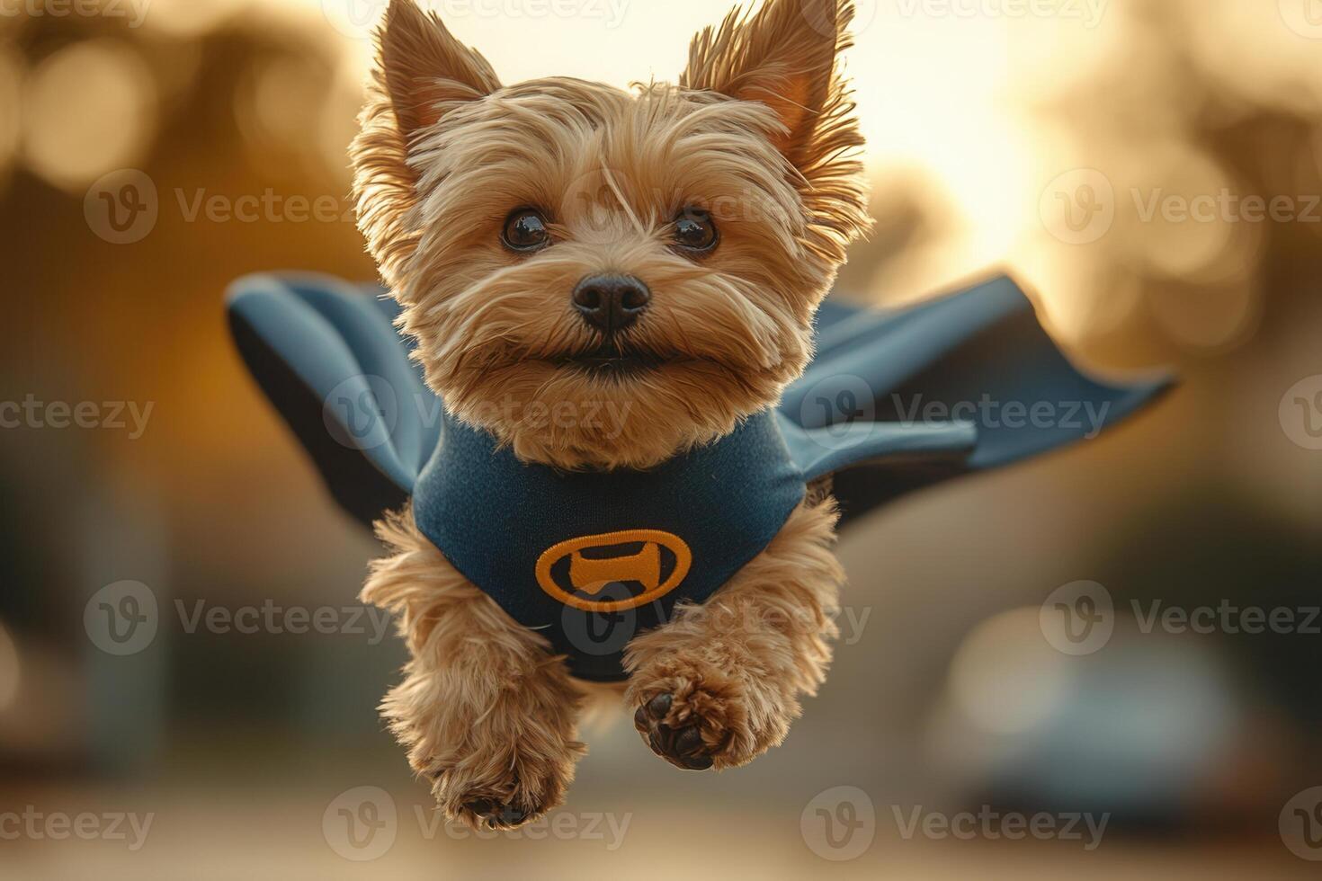 Yorkshire terrier puppy flying dressed as superhero with blue cape photo