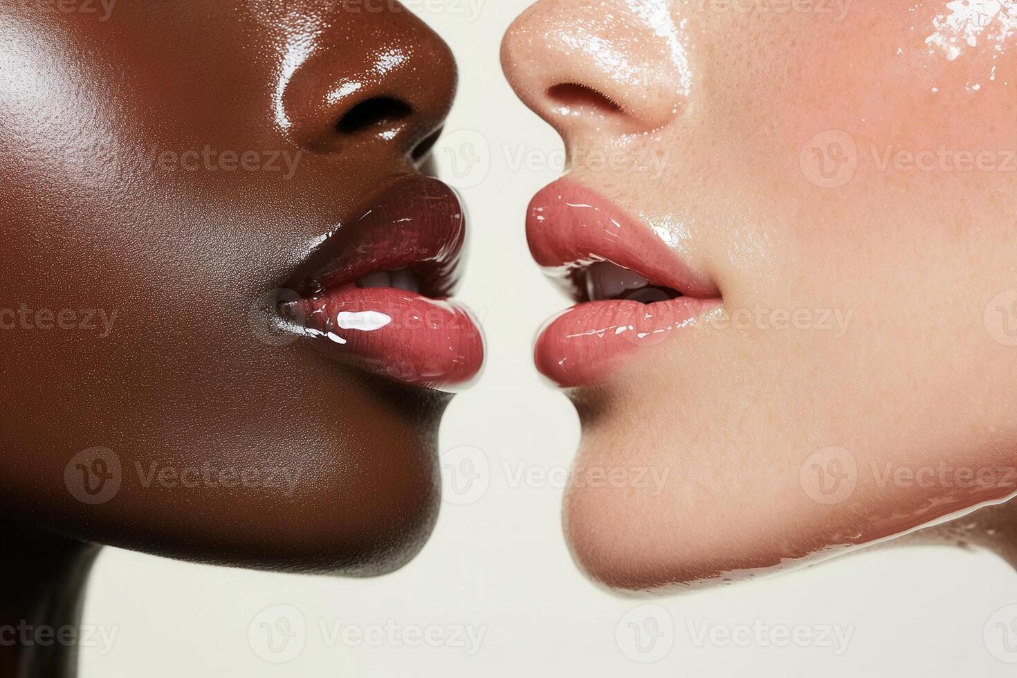 Two models showing wet lips with lip gloss, interracial kiss photo