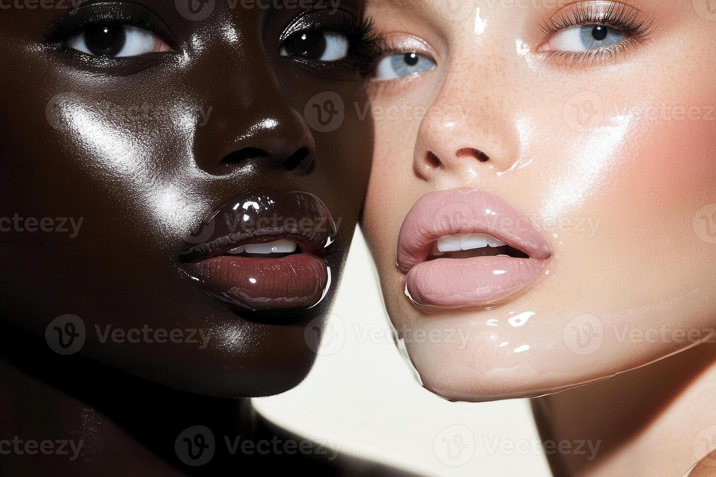 Two models showing lip gloss makeup and shiny skin photo