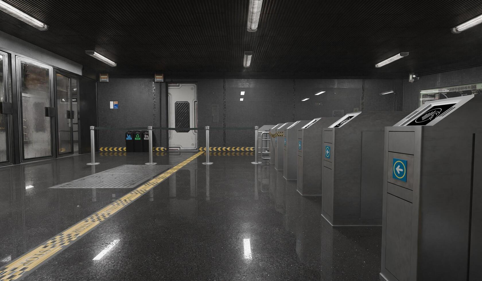 Subway station, walkway, train 3D illustration photo
