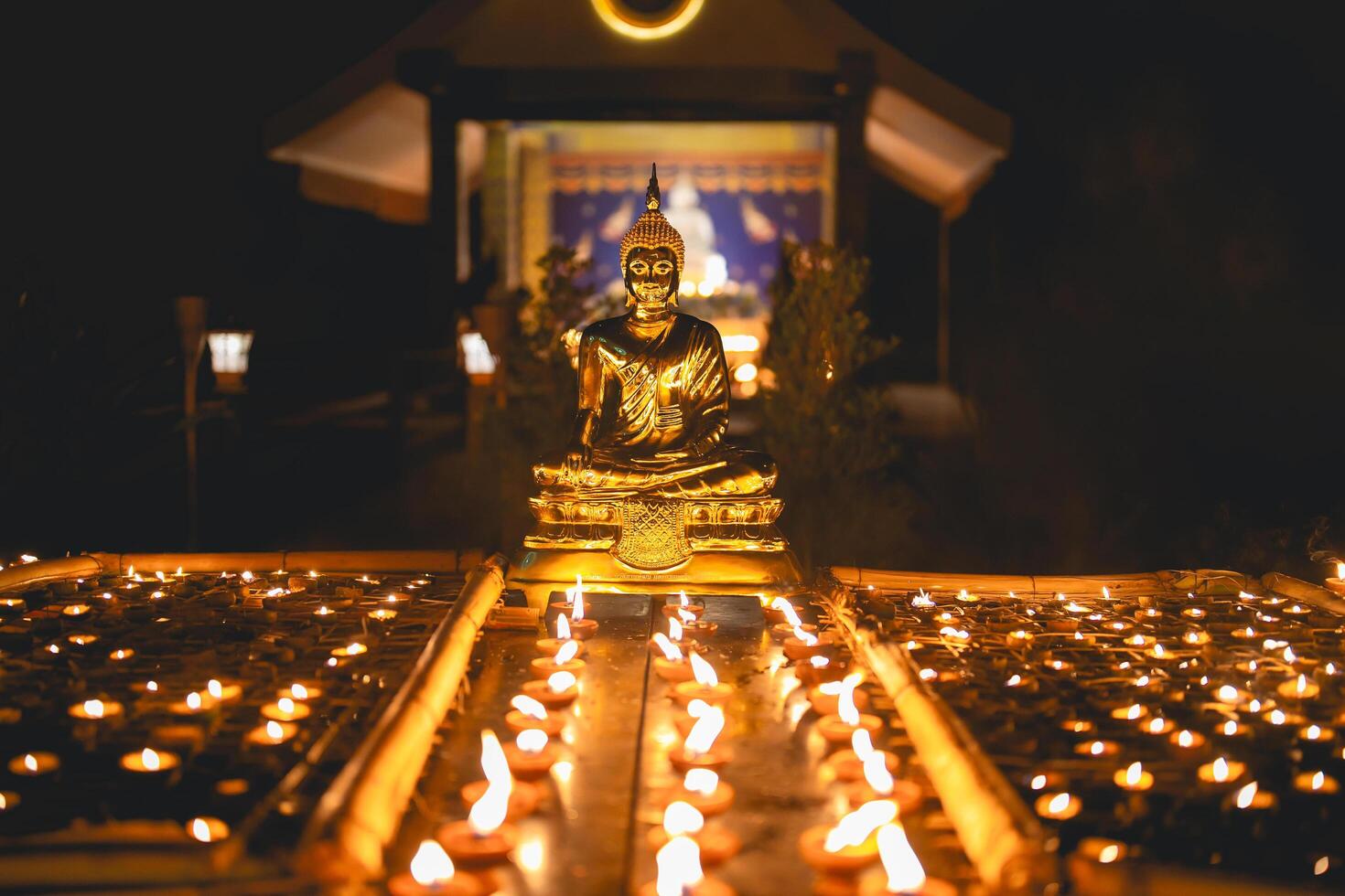 Many candles are lit in temples, religion, prayers and ideas about God. Close-up of a flame burning on a candle. photo