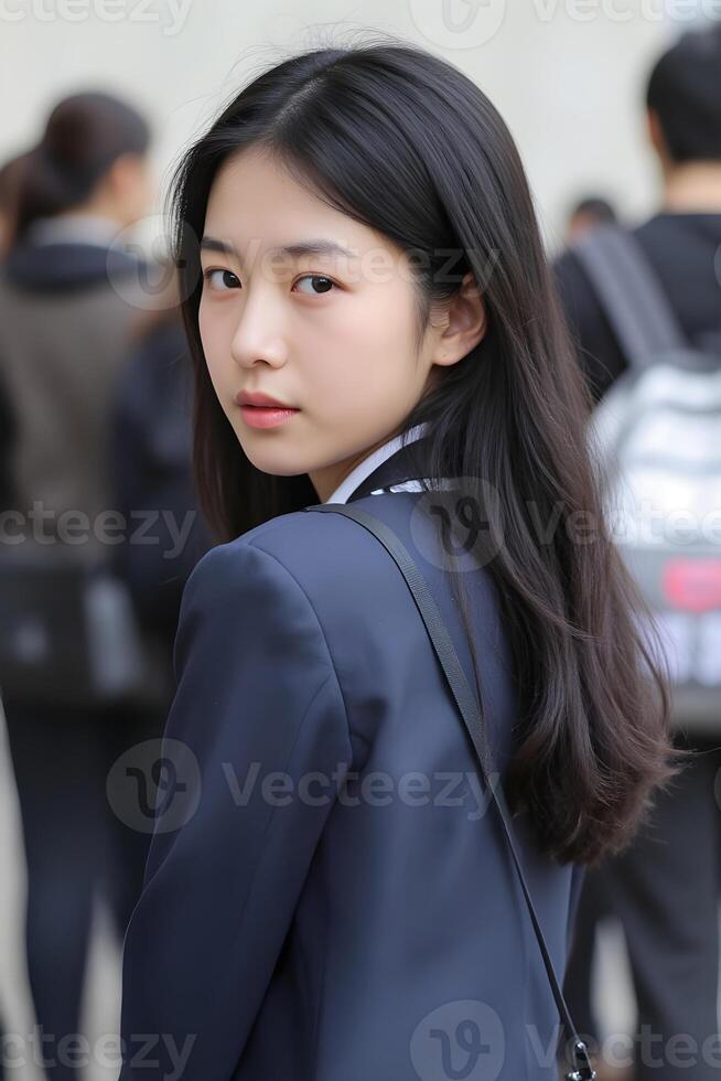A young Asian girl in a school uniform. She has a neutral expression and is looking back over her shoulder. The background is blurred, suggesting an outdoor setting with people photo