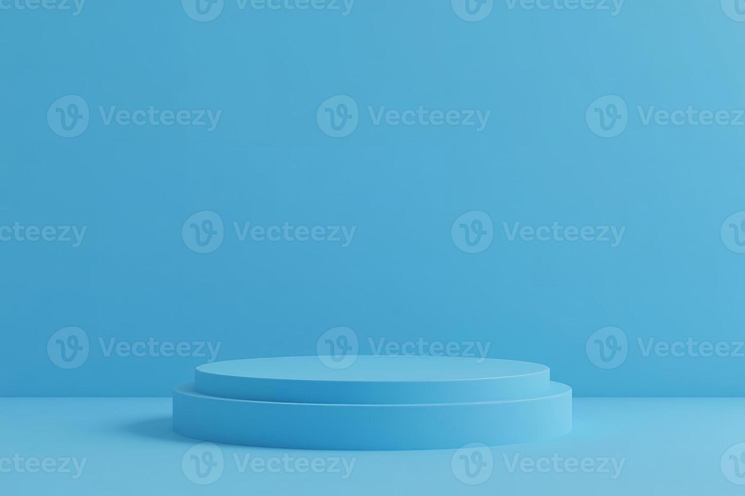 a two-tiered blue podium against a solid blue background. The podium is a simple, minimalist design with clean lines and no decorations photo