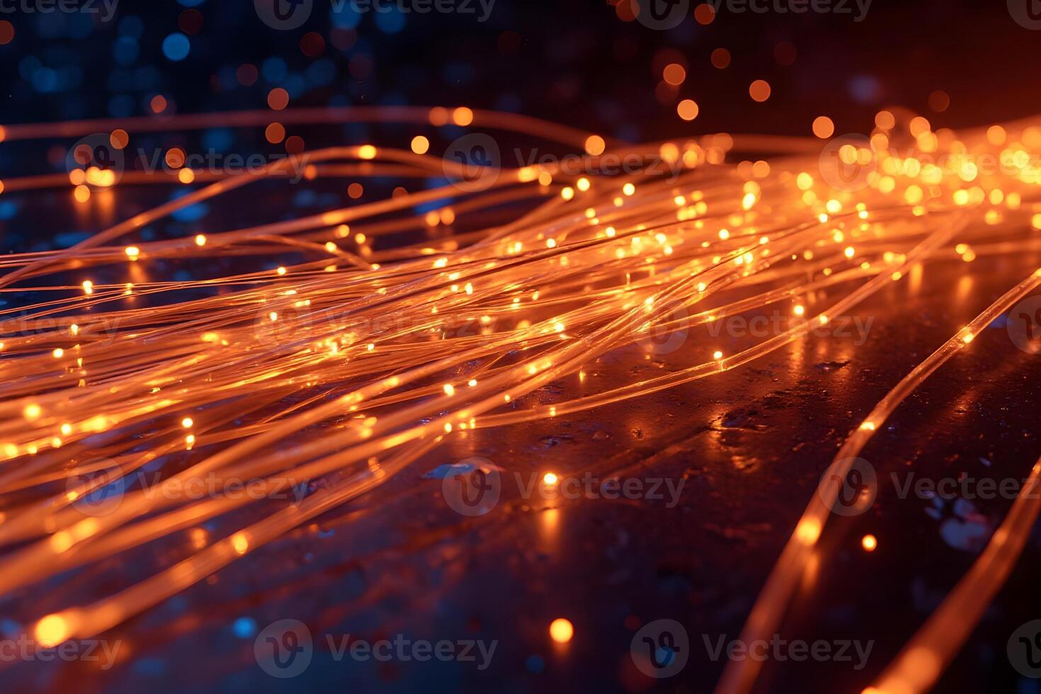 A vibrant abstract representation of a Bright, glowing strands of fiber optic cables in shades of Copper, with small light particles scattered in the background, creating a dynamic and vibrant effect photo