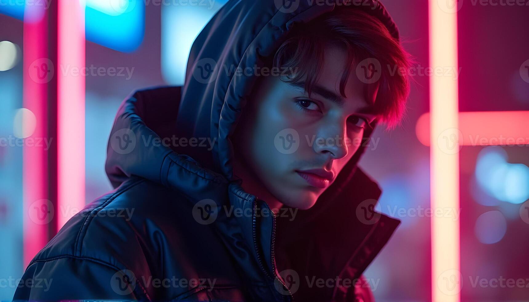 Young male, wearing a black hooded jacket. The background features soft blue and pink neon lights photo