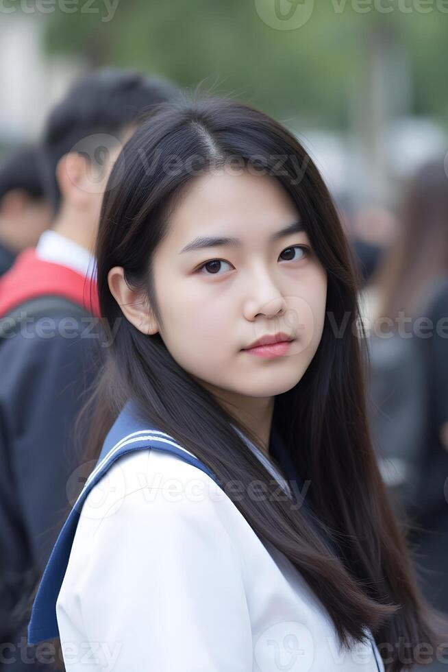 Close-up A young Asian girl with long black hair and a school uniform, featuring a white top with a blue collar. She has a neutral expression and is looking back over her shoulder photo