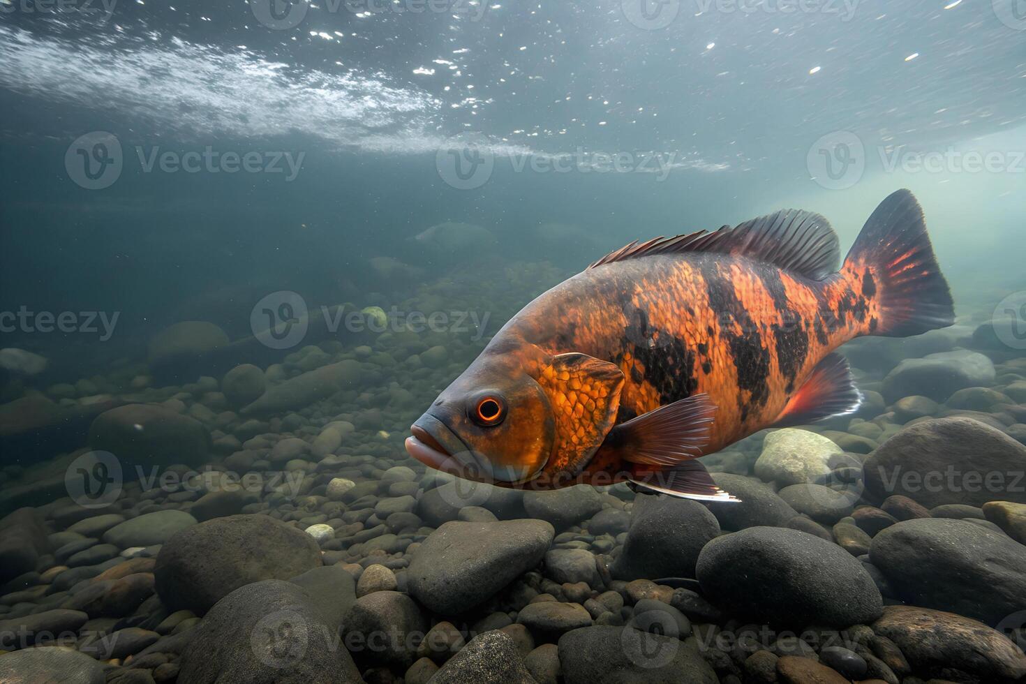 A large oscar fish with a mix of orange and black patterns swimming in a murky riverbed with scattered stones photo