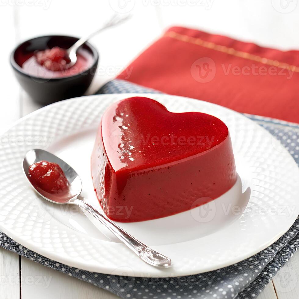A red pudding shaped like Heart shape is placed on a white plate with a small spoon next to it, displayed on a clean background photo