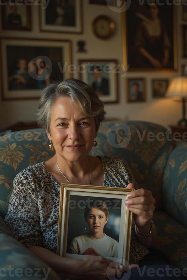 An old woman is sitting on a chair. She is holding a framed photo of herself when she was young