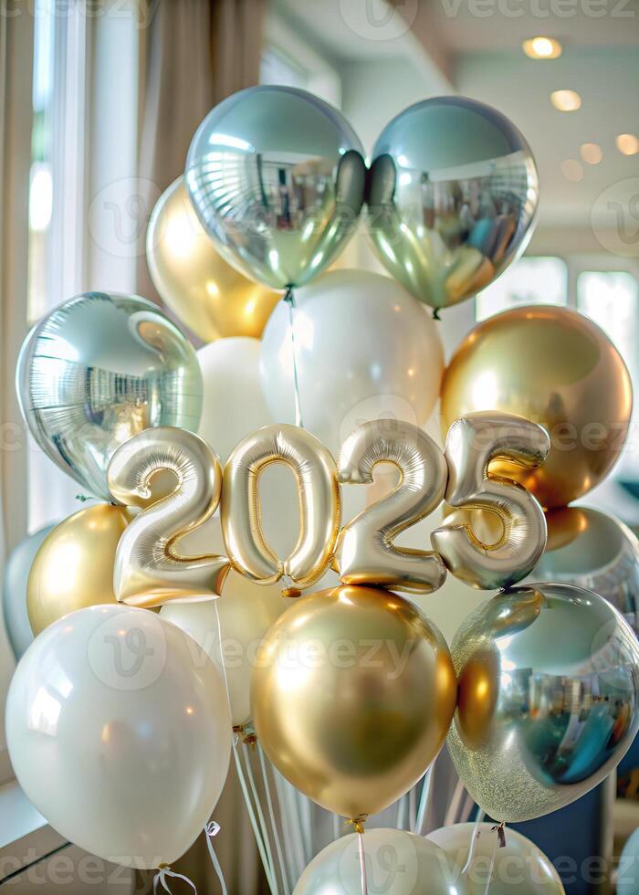 Tight frame of golden and silver balloons with 2025 printed on them photo