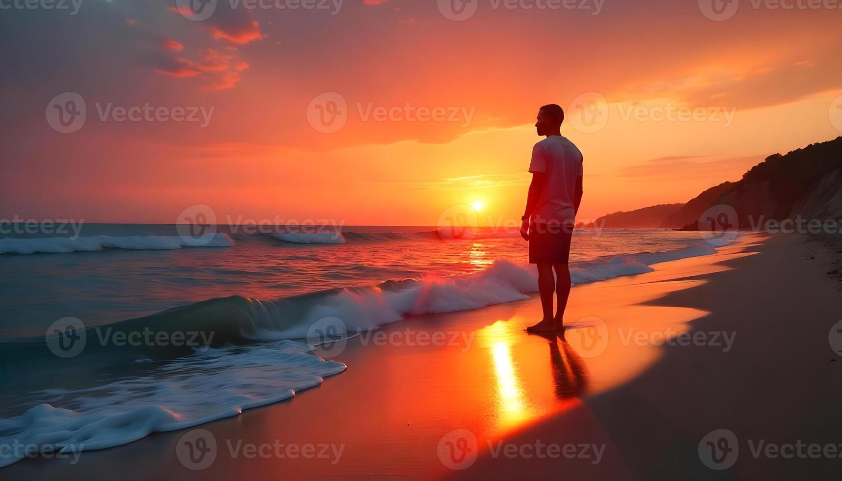 A beach sunset with vibrant orange and pink hues reflected on a calm ocean, gentle waves lapping at the shore, a silhouette of a Black male standing on the beach, gazing at the horizon photo