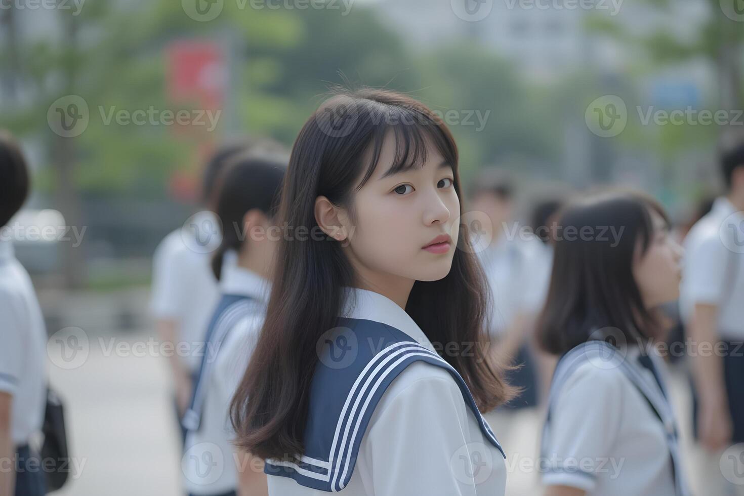 A young Asian girl with long black hair and a school uniform, featuring a white top with a blue collar. She has a neutral expression and is looking back over her shoulder photo