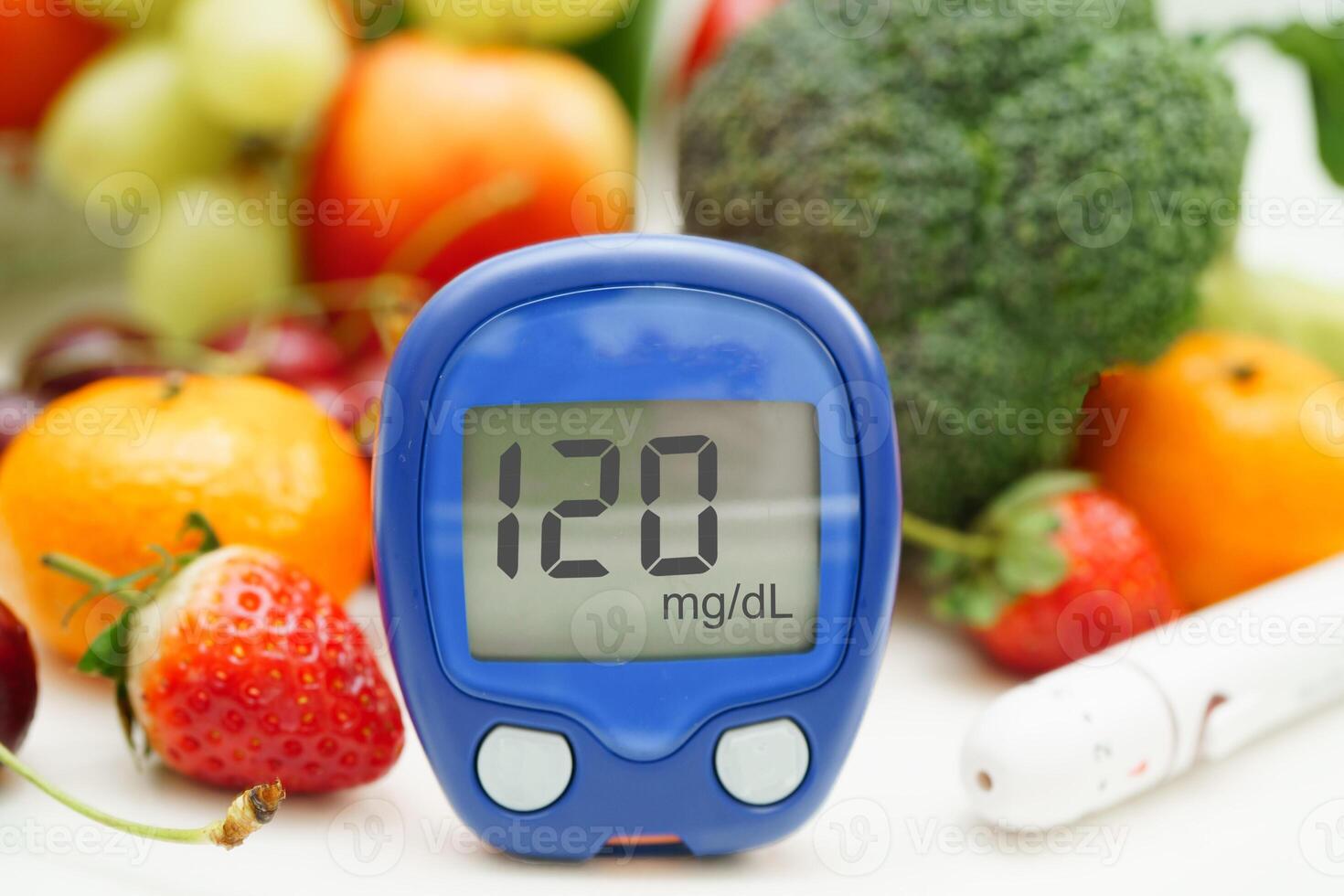 Digital glucose meter food for check sample blood sugar level to treatment diabetes with vegetable and photo