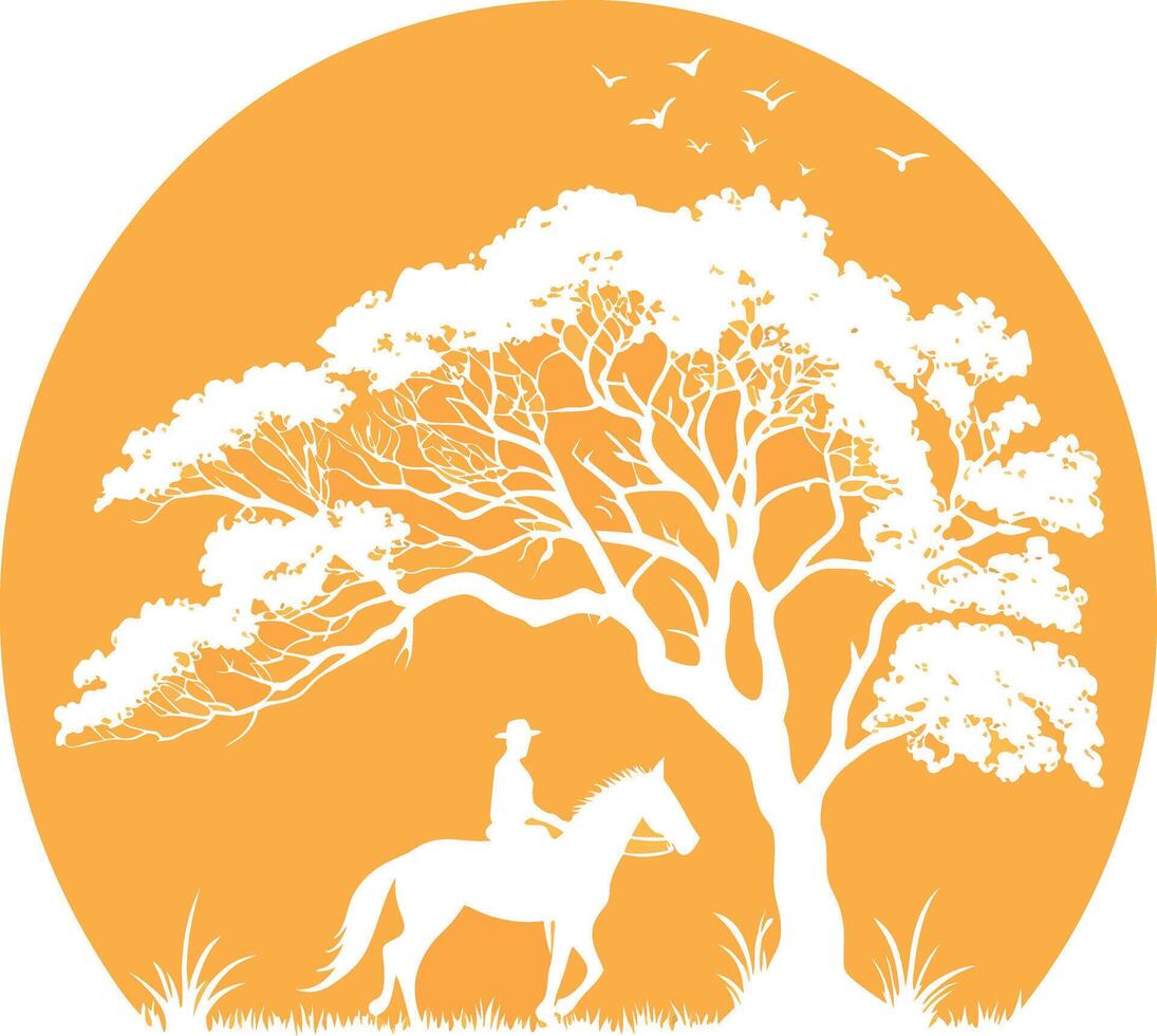 Silhouette of Horse and Rider with Majestic Tree and Flock of Birds in African Savanna Sunset vector