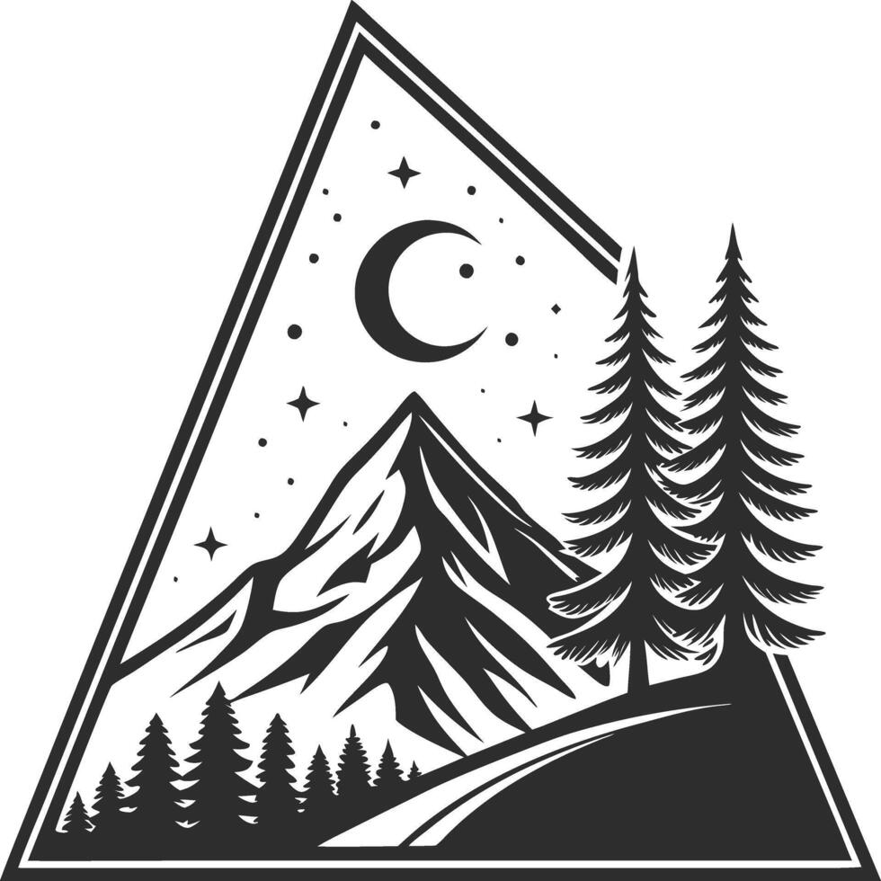 Minimalist Black and White Mountain Landscape with Triangle Frame and Starry Night Sky vector