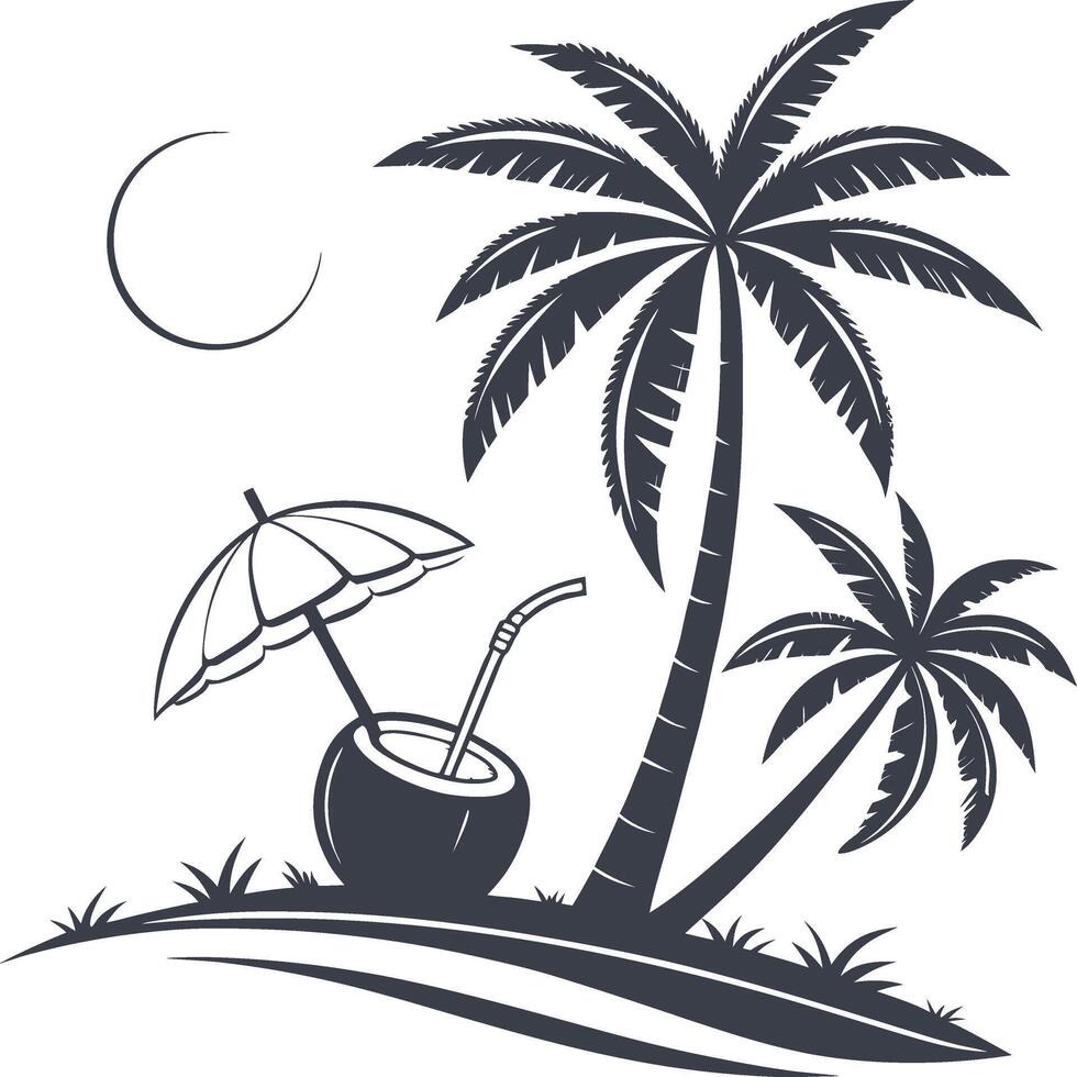 Tropical Beach Silhouette with Palm Trees, Coconut Drink and Crescent Moon vector