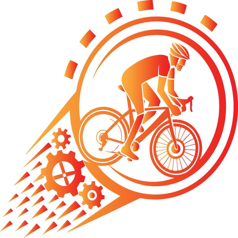 Stylized Cyclist Logo with Dynamic Motion Lines and Gear Motif in Red and Orange Gradient vector