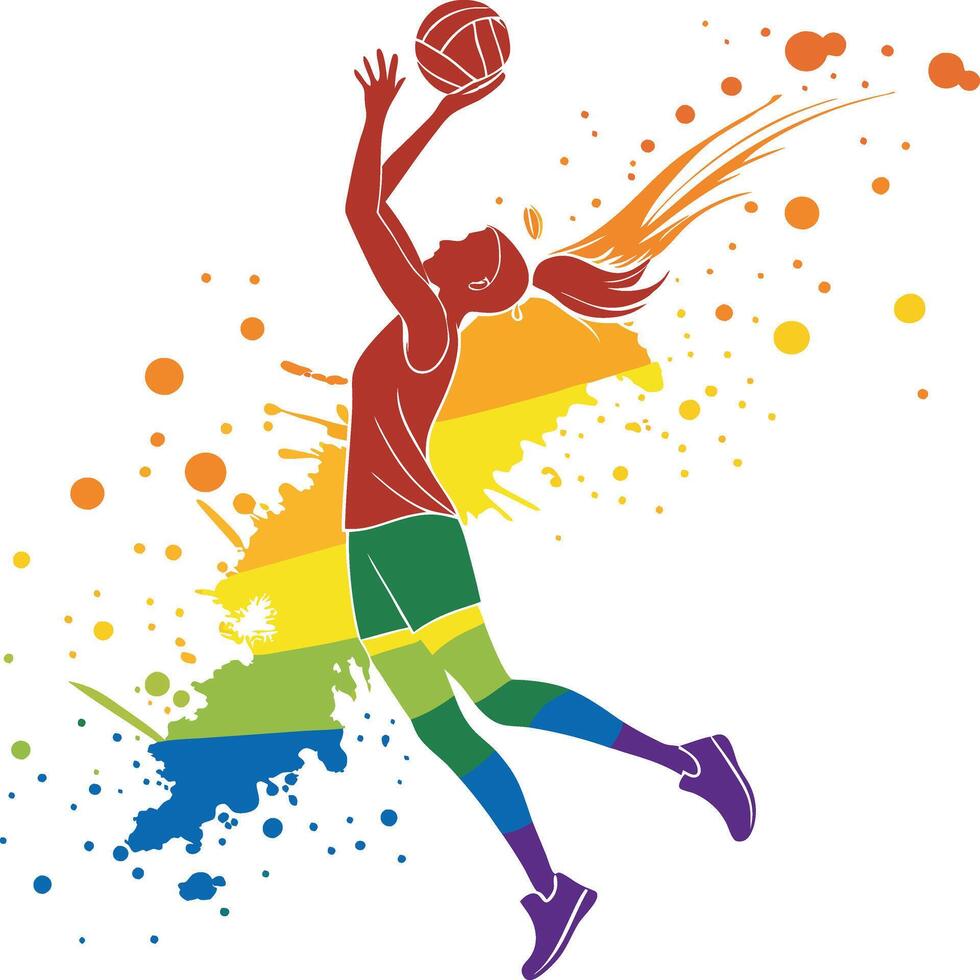 Colorful Volleyball Player Silhouette with Rainbow Splash Background and Motion Lines vector