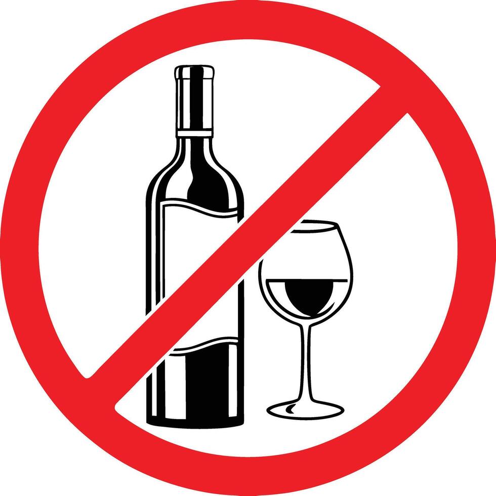 No Alcohol Sign with Wine Bottle and Glass in Red Prohibition Symbol vector