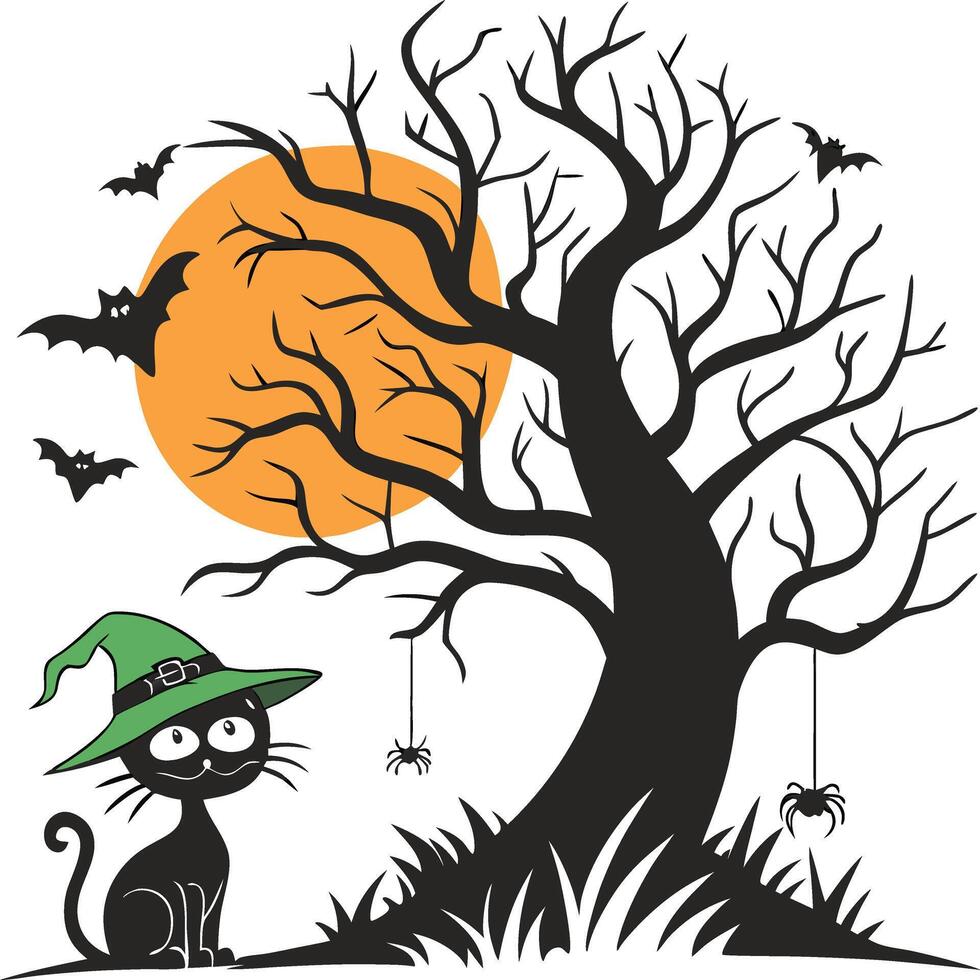 Spooky Halloween Scene with Bare Tree, Full Moon, Black Cat, Bats and Spider in Cartoon Style vector