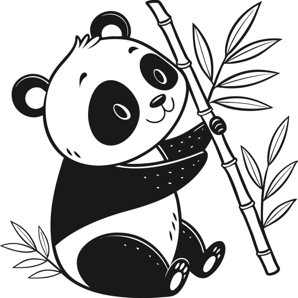 Cute Cartoon Panda Sitting Among Bamboo Stalks in Kawaii Style vector