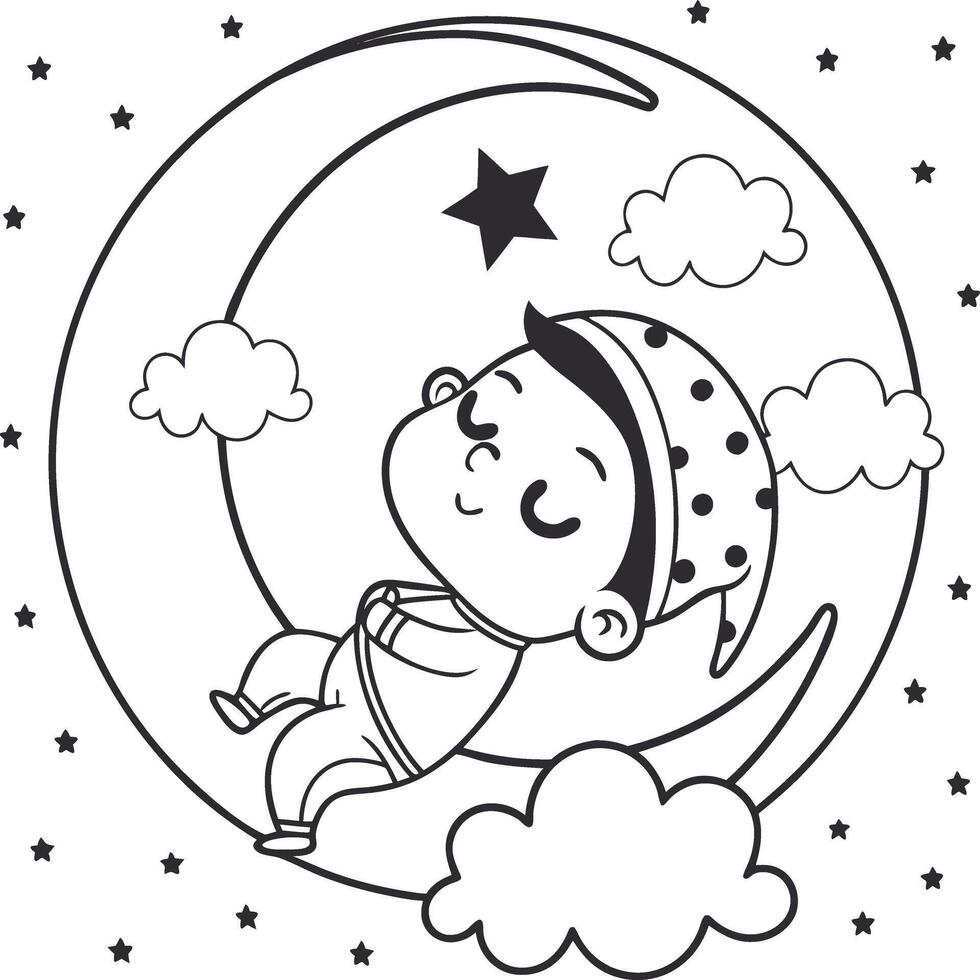 Cute Sleeping Baby on Crescent Moon with Starry Sky and Fluffy Clouds vector