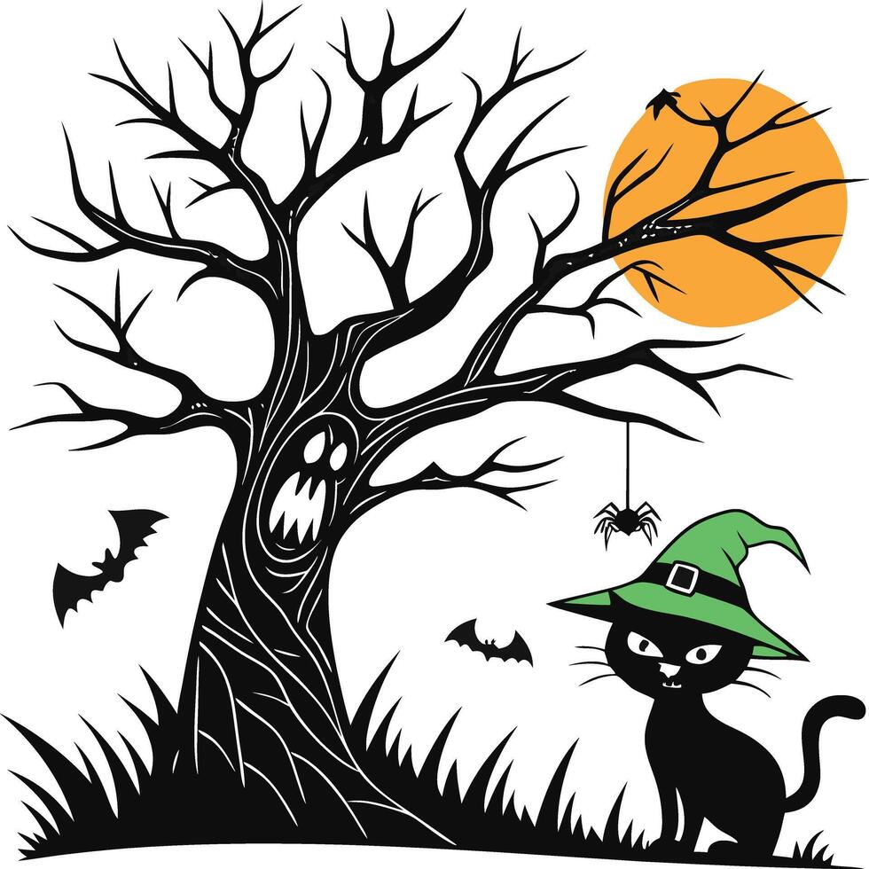 Spooky Halloween Scene with Haunted Tree, Full Orange Moon, Black Cat and Flying Bats vector