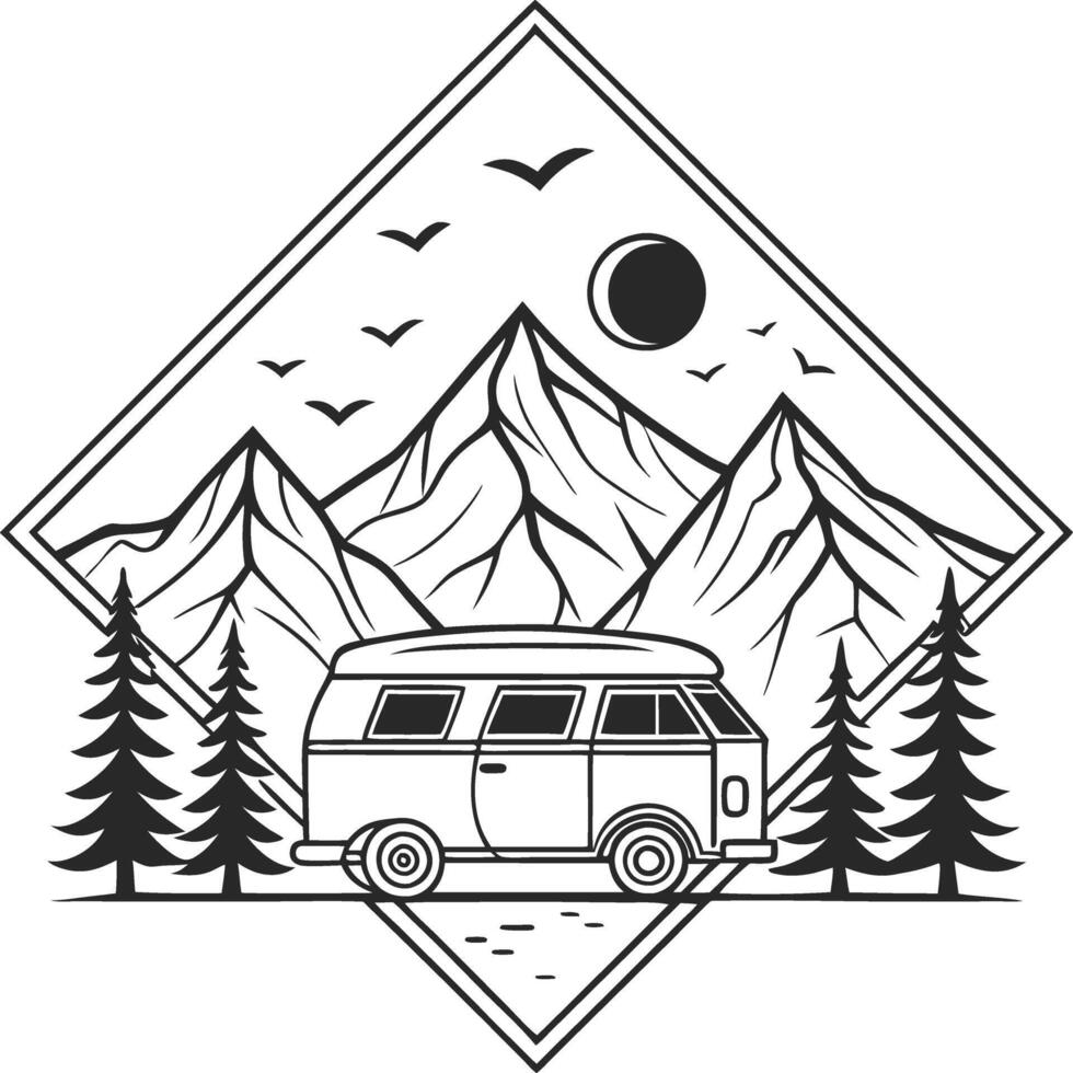 Minimalist Mountain Landscape with Vintage Camper Van in Geometric Frame vector