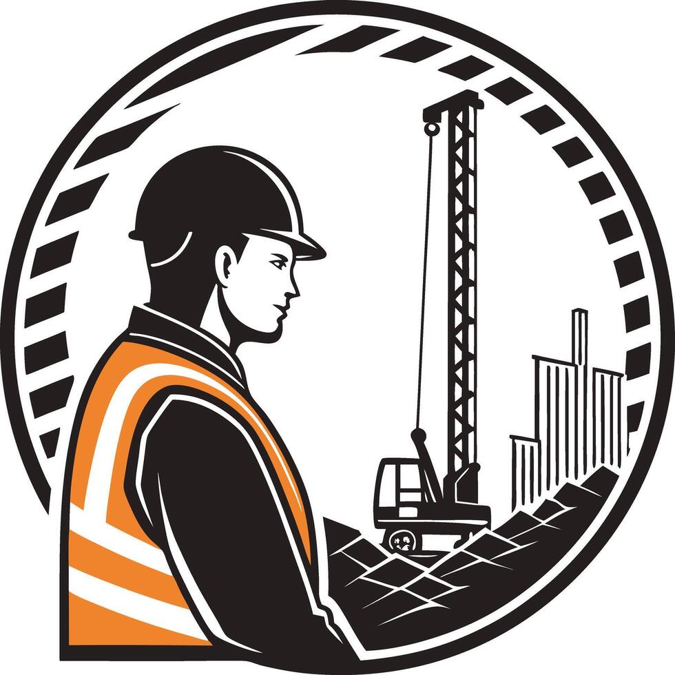 Construction Worker Silhouette with Urban Skyline and Crane in Minimalist Design vector