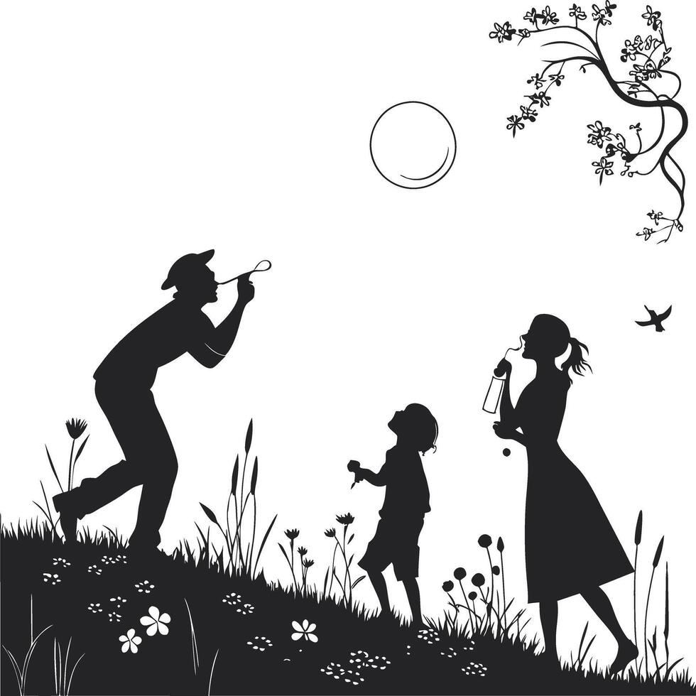 Whimsical Family Silhouette Under Full Moon with Bubbles and Nature Elements vector