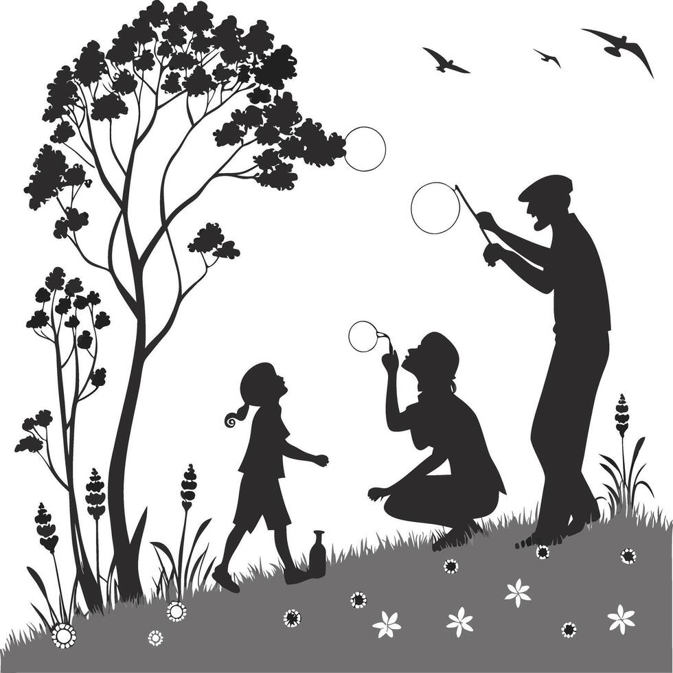 Silhouette Family Blowing Bubbles in a Whimsical Outdoor Scene with Tree and Birds vector