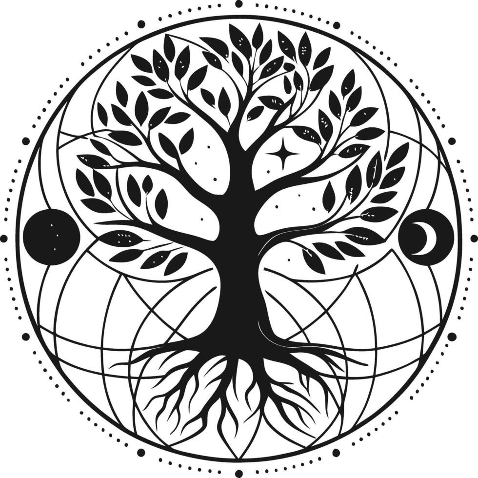 Black and White Tree of Life with Moon Phases and Sacred Geometry vector