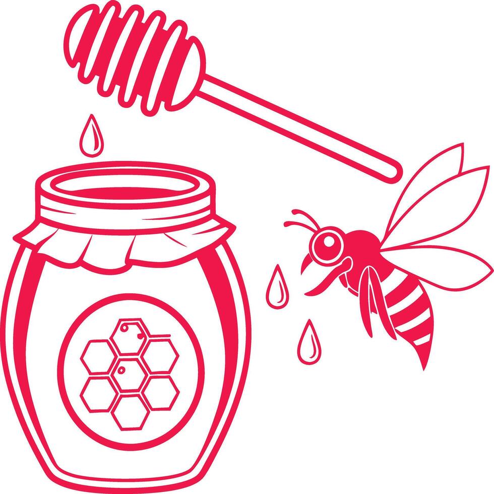 Minimalist Red Line Drawing of Honey Jar with Honeycomb and Bee in Style vector