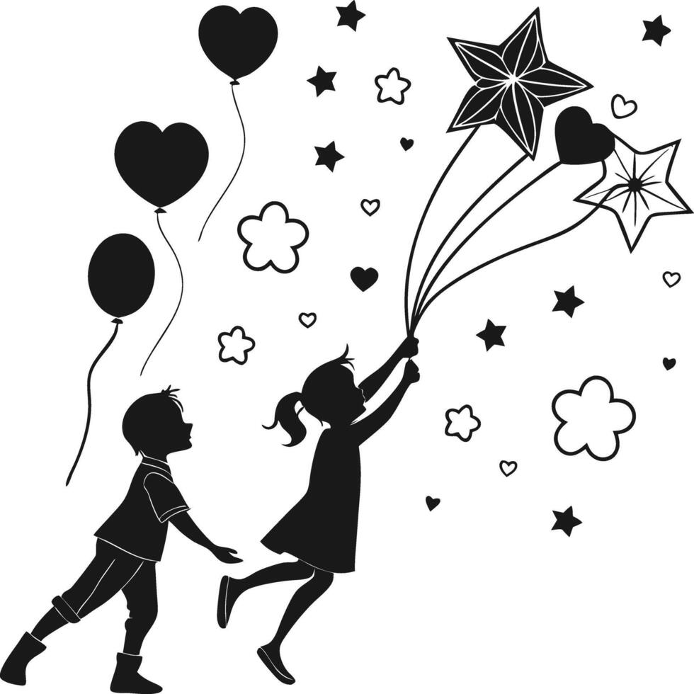 Children Playing with Heart and Star Balloons in Whimsical Night Sky vector