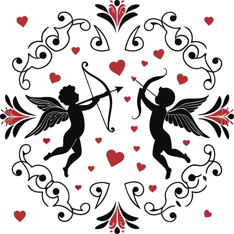 Valentines Day Silhouettes with Cupid Figures and Ornate Floral Frame Romantic Black and White Design vector